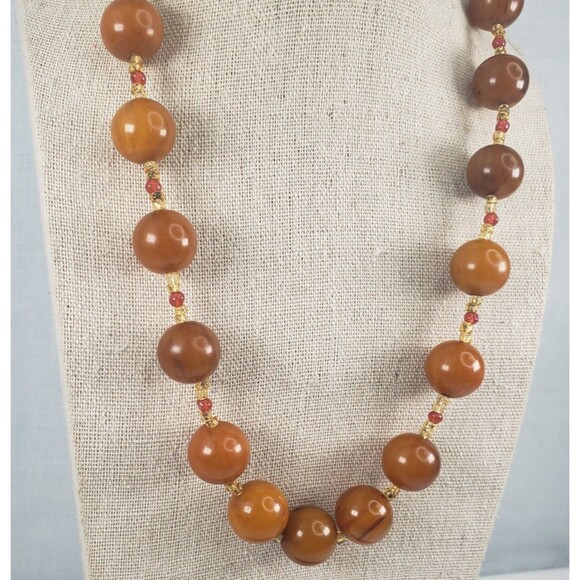 Vintage Round Butterscotch Bakelite Beads w/Sea Beads Barrel Clasp 19" Necklace - Picture 2 of 11